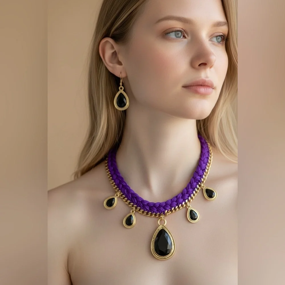 Modern Gold and Purple Necklace And Earring Set, NIB - Picture 1 of 2